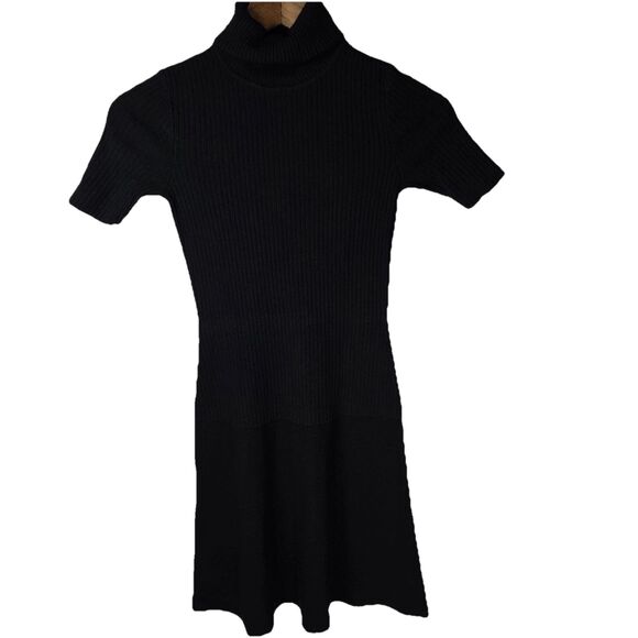 Theory Black Wool Blend Short Sleeve Turtleneck Dress Whimsy Goth Small - Picture 1 of 6